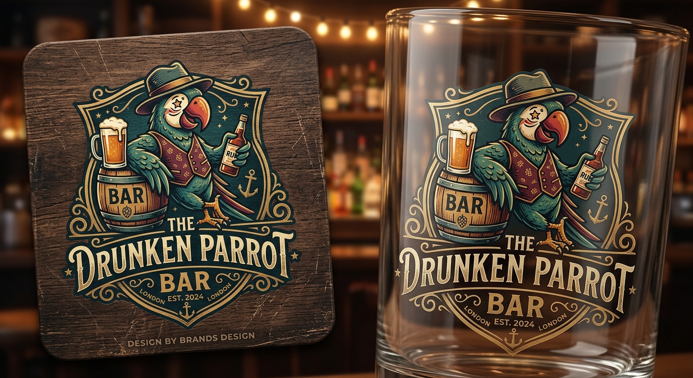 The Drunken Parrot bar logo design by Brands Design